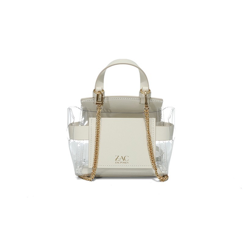 ZAC Zac Posen 牛皮 Brigette Belted Mini 單肩斜挎手提包 天鵝白色牛皮拼PVC