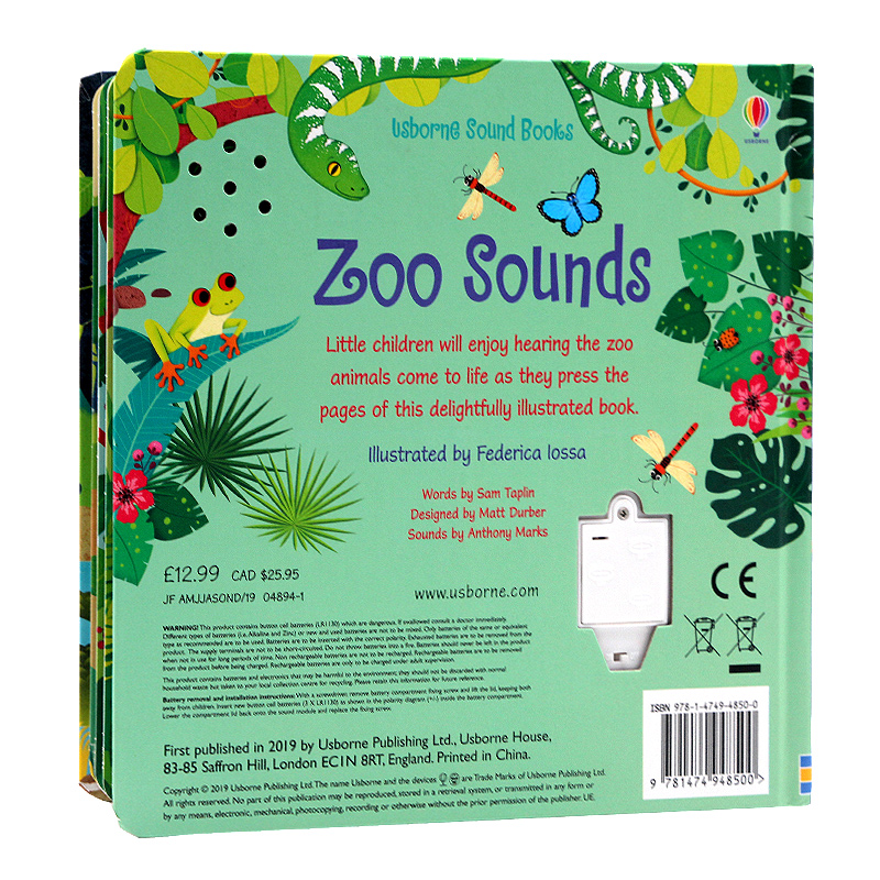 動物園奇趣發聲書 英文原版Usborne Sound Books Zoo Sounds 幼兒英文啟蒙認知單詞故事繪本紙板書 觸摸感知洞洞書
